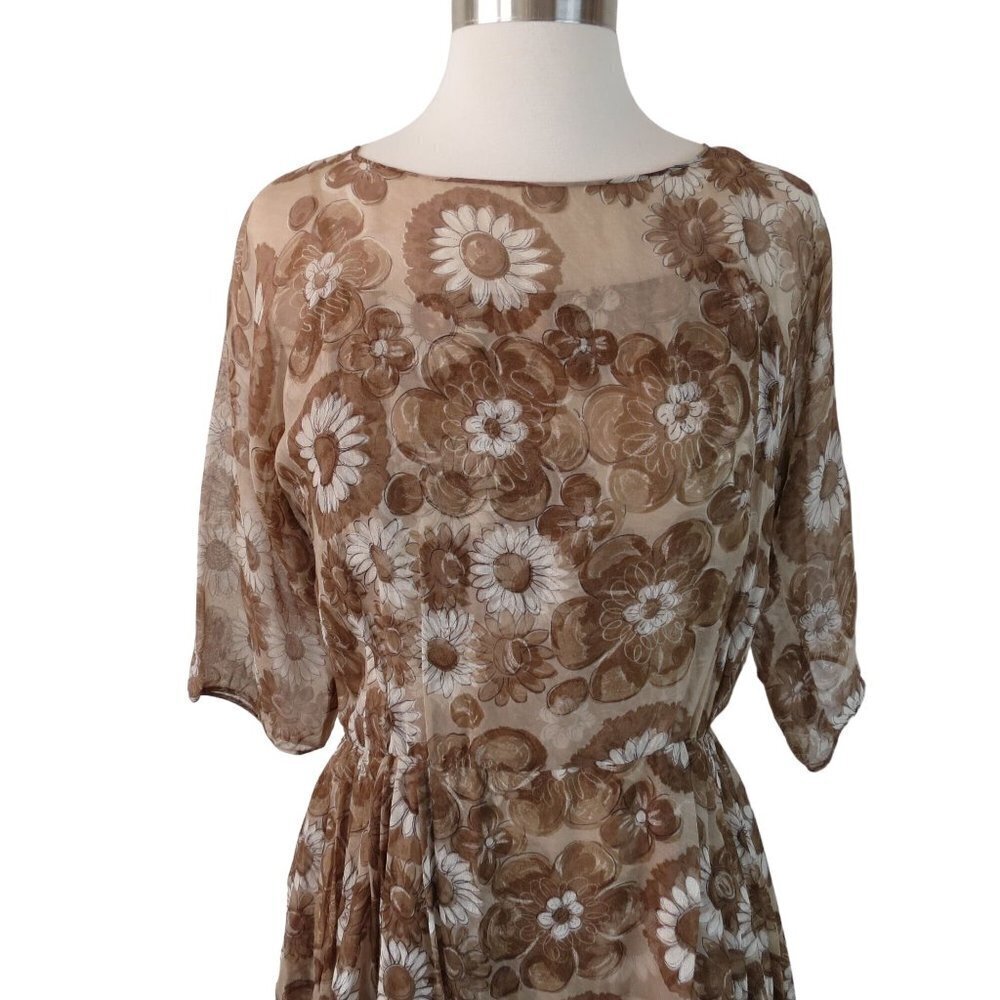 Vintage 1960s Women's Brown Daisy Floral Chiffon Fit & Flare Dress - Picture 3 of 11